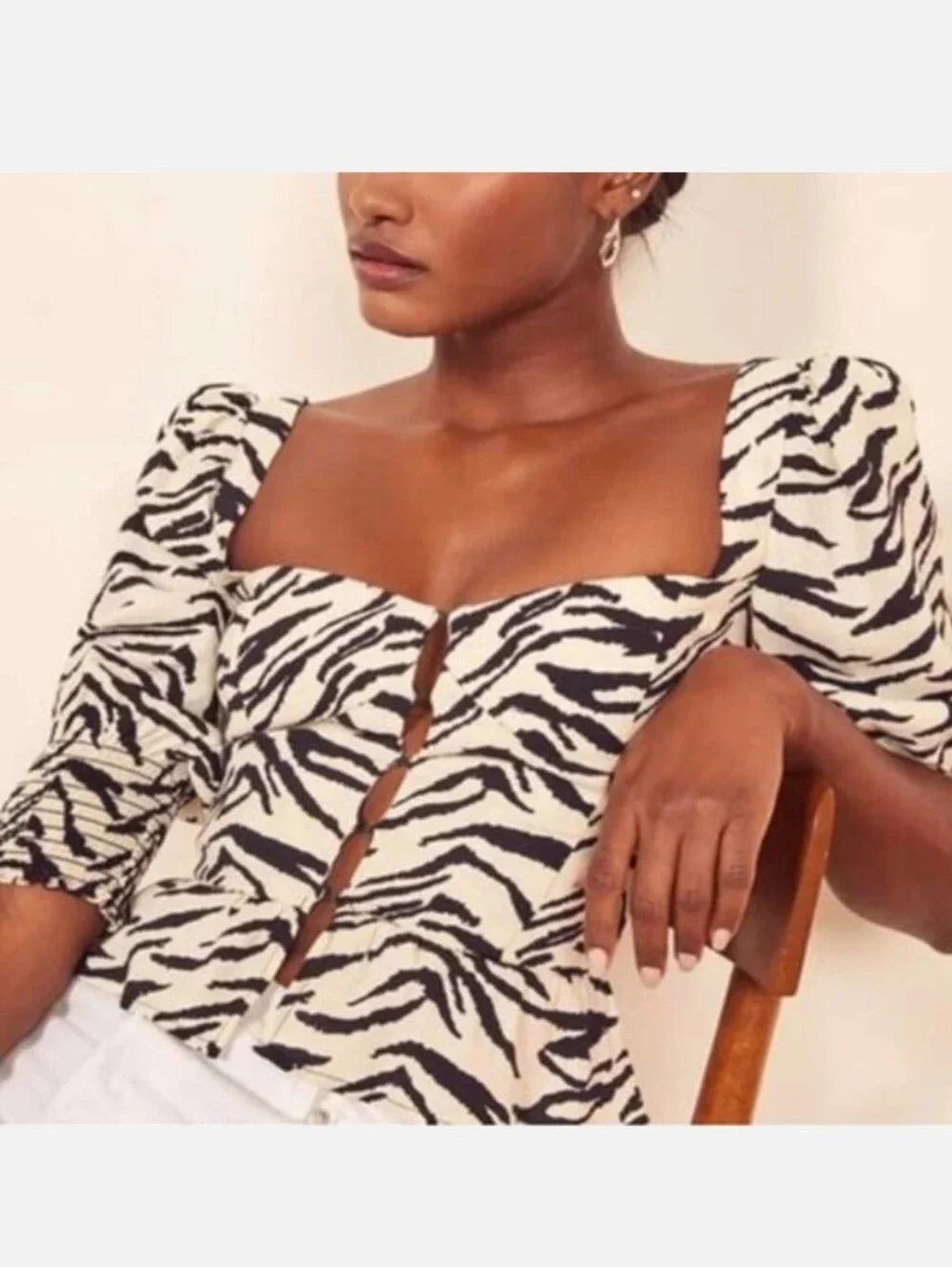 Reformation Dallas Zebra Print Square Neck Puff Sleeve Top - Black & Cream